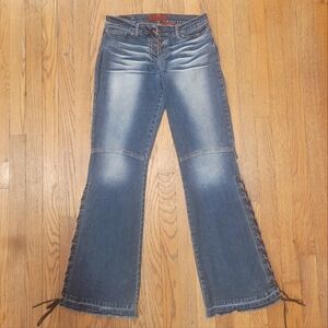 Vintage Y2K let me b BONGO Low Rise Lace Up Raw Hem Flare Jeans Womens Size 9